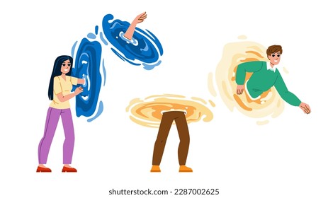 teleport portal vector. magic circle, effect hologram, energy game, digital podium, time glow teleport portal character. people flat cartoon illustration