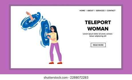teleport woman vector. portal concept, futuristic science, girl future, space man, character machine teleport woman web flat cartoon illustration
