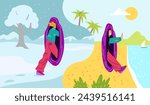 A teleportation adventure with a man traveling from winter landscapes to tropical seas. Vector illustration capturing the essence of cyberspace with the help of a teleportation hatch.