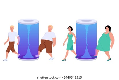 Teleportation concept: a set of vector illustrations featuring a transforming flask depicting the transformation from fat to thin. Isolated characters and a fantastic body modification device.