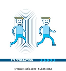 Teleportation - flat vector illustration. Funny cute cartoon character.