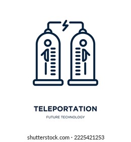 icono de teletransportación de la futura colección de tecnología. Telefacción lineal delgada, tecnología, icono de contorno futuro aislado en fondo blanco. Señal de teleportación vectorial de línea, símbolo para web y móvil