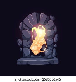 Teleportation or leveling up doors, isolated stone portals with fire and flames. Vector fantasy game design entrance or gates for characters. Mysterious path leading to unknown world, next challenge