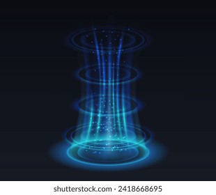 Teleportation portal realistic vector illustration. Level up energy splash effect 3d elements in blue on black background. Videogame template