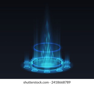 Teleportation portal realistic vector illustration. Level up energy splash effect 3d elements in blue on black background. Videogame template,Teleportation portal realistic vector illustration