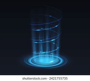 Teleportation portal realistic vector illustration. Level up energy splash effect 3d elements in blue on black background. Videogame template,Teleportation portal realistic vector illustration. 