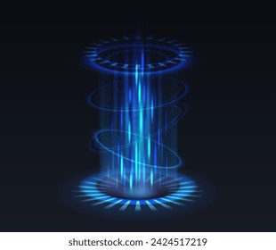 Teleportation portal realistic vector illustration. Level up energy splash effect 3d elements in blue on black background. Videogame template