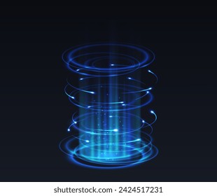 Teleportation portal realistic vector illustration. Level up energy splash effect 3d elements in blue on black background. Videogame template