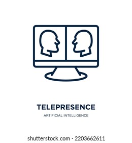 Telepräsenz-Symbol aus der Sammlung künstlicher Intelligenz. Dünne lineare Telepräsenz, Technologie, Internet-Umriss einzeln auf weißem Hintergrund. Line Vektor-Telepräsenz-Zeichen, Symbol für Web und 