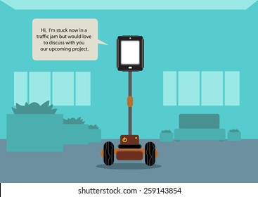 Telepresence Robotic technology at the office for people with blank screen for the user to put photo of a face. Editable Vector Illustration 