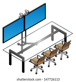 A telepresence suite with two screens, cameras, a glass conference table and 3 chairs.