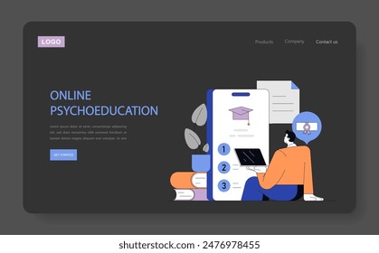 Telepsychology concept. Remote learning for mental health with online education tools. E-counseling services and virtual workshops. Vector illustration.