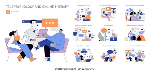 Telepsychology and Online Therapy set. Digital mental health services enable efficient remote counseling. E-therapy innovation, secure communication, rural access. Vector illustration.