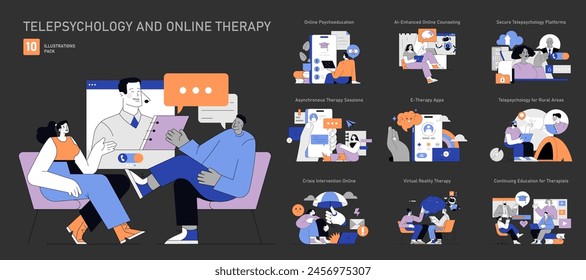 Telepsychology set. Advancements in online therapy provide convenient mental health services. Secure platforms, educational tools, and AI counseling. Vector illustration.