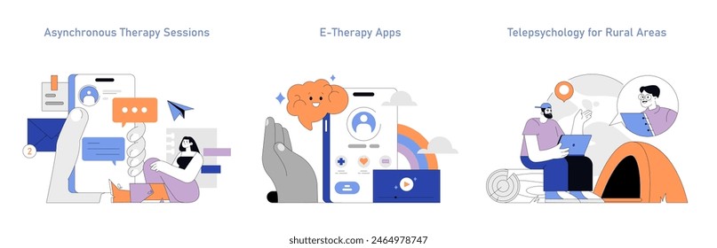 Telepsychology set. Digital mental health services, remote therapy solutions, and online counseling accessibility. Modern telehealth concepts. Vector illustration.