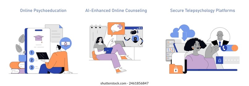 Telepsychology set. Education, AI counseling, and secure platform for online therapy. E-mental health services for remote support. Vector illustration.