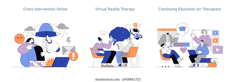 Telepsychology set. Online crisis intervention, VR therapy session, and therapist's continuous education. Advances in digital mental health support. Vector illustration.