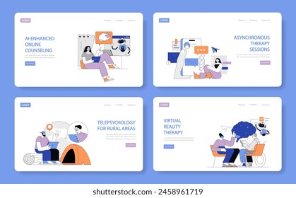 Telepsychology set. Online mental health services with AI, asynchronous support, and VR. Accessibility in rural areas through technology. Vector illustration.