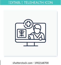 Teleradiology line icon. Telehealth medical care. Virtual radiographer consultation. Telemedicine, health care concept. Online medicine, roentgenology. Isolated vector illustration. Editable stroke 