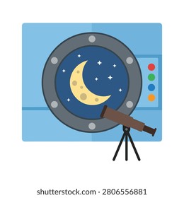 Telescope aiming at crescent moon through a round porthole. Flat illustration of a telescope on a tripod pointed at a circular window showing a night sky with a yellow moon and stars. Ideal for educational or space-themed projects.