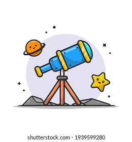 Telescope Astronomy Viewing Cute Planet and Cute Star Cartoon Vector Icon Illustration. Science Technology Icon Concept Isolated Premium Vector. Flat Cartoon Style