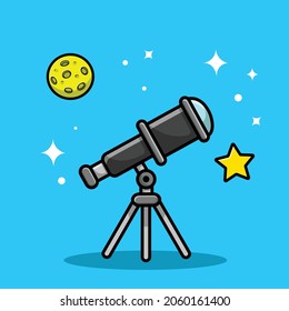 Telescopio Astronomía Mirando Ilustración de Icono de Vector de Caricaturas de Estrella Cuta y Planeta Cuta. Concepto de icono de la tecnología de la ciencia Vector Premium aislado. Estilo de dibujo plano