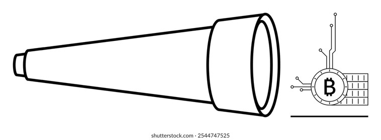 Un telescopio y un símbolo de Bitcoin conectados a circuitos digitales. Ideal para la tecnología financiera, la innovación digital de criptomonedas, las futuras inversiones y los temas de investigación de mercado. Estilo de Vector de contorno