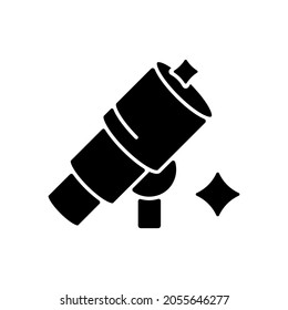 Telescope black glyph icon. Optical instrument with lenses for astronomer to observe space bodies. Exploring new planets and stars. Silhouette symbol on white space. Vector isolated illustration