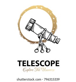 Telescope. Black and white contour drawing logo for a scientific theme design.
