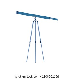 Telescope blue equipment observation instrument vector. Optical astronomy object. Search stars observe look technology binoculars tool. Cosmos space icon illustration. Art tripod spyglass isolated.