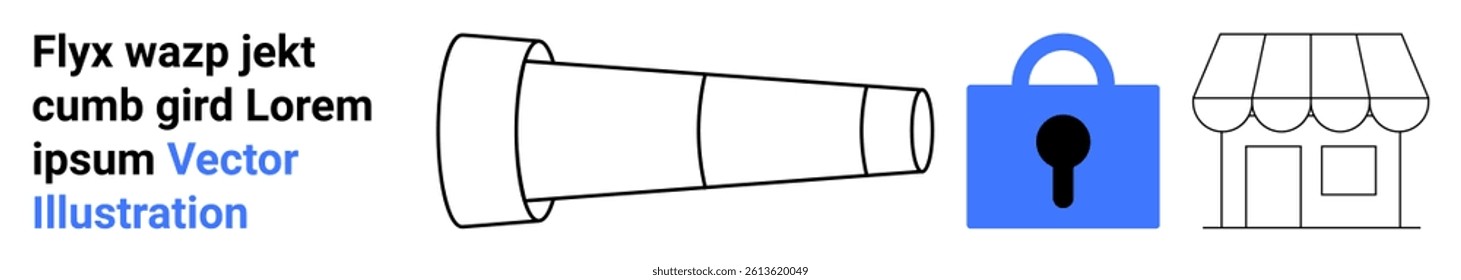 Telescope, blue padlock, and storefront illustration with placeholder text. Ideal for business security, online shopping, financial services, privacy protection, e-commerce, retail marketing