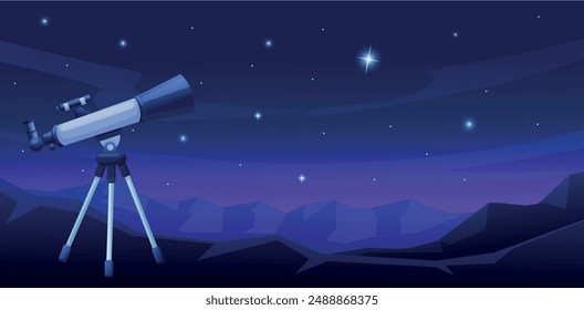 Telescope cartoon. Observation of stars and planets in galaxy. Children hobby, astronomy science and space exploration from earth, nowaday vector scene
