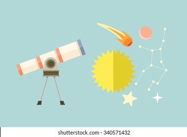 Telescope, celestial bodies constellation sun. Comet and star, astronomy space, astrology and galaxy, science and universe, travel flying, equipment and heavenly body illustration