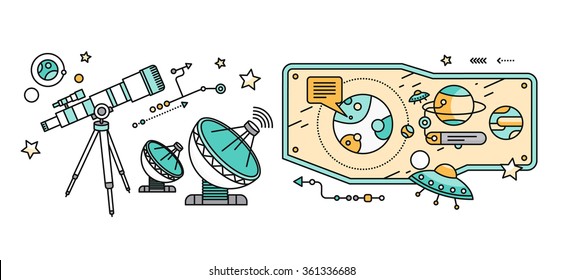 Telescope, celestial bodies constellation sun. Comet and star, astronomy space, astrology and galaxy, science and universe, travel flying, equipment and heavenly body illustration. Astronomy concept