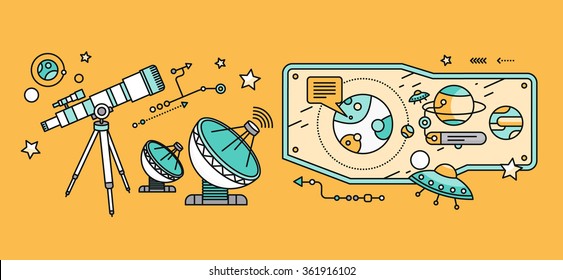 Telescope, celestial bodies constellation sun. Comet and star, astronomy space, astrology and galaxy, science and universe, travel flying, equipment and heavenly body illustration. Astronomy concept