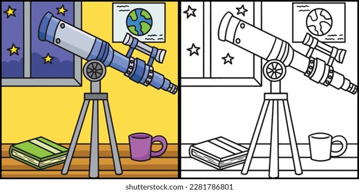 Telescope Coloring Page Colored Illustration