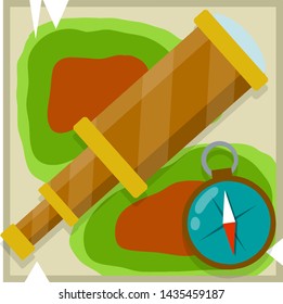 Telescope, compass, map. Search for pirate treasure, travel and discovery. Retro objects for research. Square icon. Cartoon flat illustration