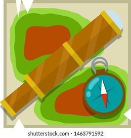 Telescope, compass, map. Search for pirate treasure, travel and discovery. Square icon. Cartoon flat illustration. Retro objects for research