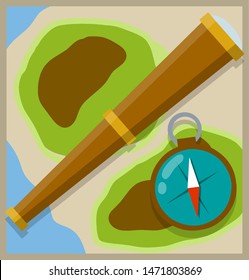 Telescope, compass, map. Search for pirate treasure, travel and discovery. Retro objects for research. Square icon. Cartoon flat illustration
