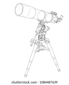 Telescope concept outline. Vector rendering of 3d. Wire-frame style. The layers of visible and invisible lines are separated