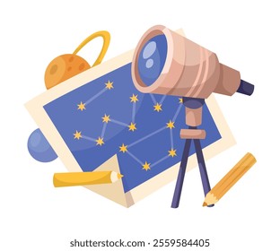 Telescope with Constellation as School Education Item and Supply Composition Vector Illustration