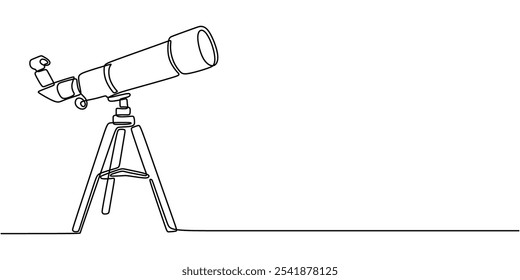 Telescopio en dibujo continuo de una línea. Diseño minimalista de equipos de astronomía para la observación de estrellas y la exploración espacial.