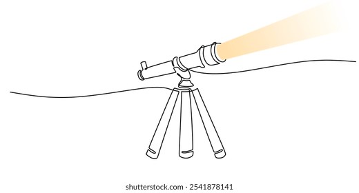 Telescopio en dibujo continuo de una línea. Concepto minimalista de exploración espacial y herramientas de astronomía.