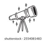 Telescope doodle hand drawn icon. Outline drawing telescope with stars line clipart symbol . Vector illustration