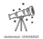 Telescope doodle hand drawn icon. Outline drawing telescope with stars line clipart symbol . Vector illustration