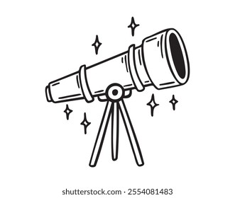 Telescope doodle hand drawn icon. Outline drawing telescope with stars line clipart symbol . Vector illustration