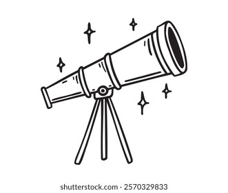 Telescope doodle hand drawn icon. Outline drawing telescope with stars line clipart symbol . Vector illustration