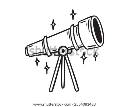 Telescope doodle hand drawn icon. Outline drawing telescope with stars line clipart symbol . Vector illustration