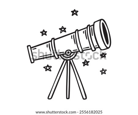 Telescope doodle hand drawn icon. Outline drawing telescope with stars line clipart symbol . Vector illustration