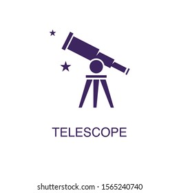 Telescope element in flat simple style on white background. Telescope icon, with text name concept template